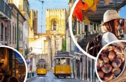 Montage photo : tramways jaunes devant la cathédrale de Lisbonne, fado, voyageuse et châtaignes grillées