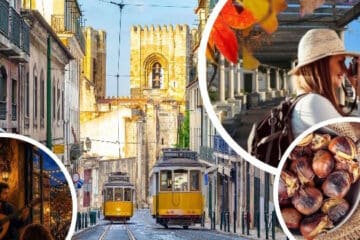 Montage photo : tramways jaunes devant la cathédrale de Lisbonne, fado, voyageuse et châtaignes grillées