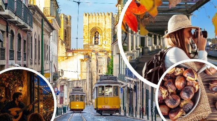 Lisbonne en novembre, montage photo : tramways devant la cathédrale, fado, balade et châtaignes grillées