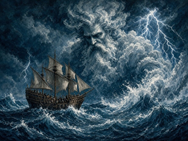 Illustration du géant Adamastor surgissant d'une tempête au-dessus d'une caravelle portugaise
