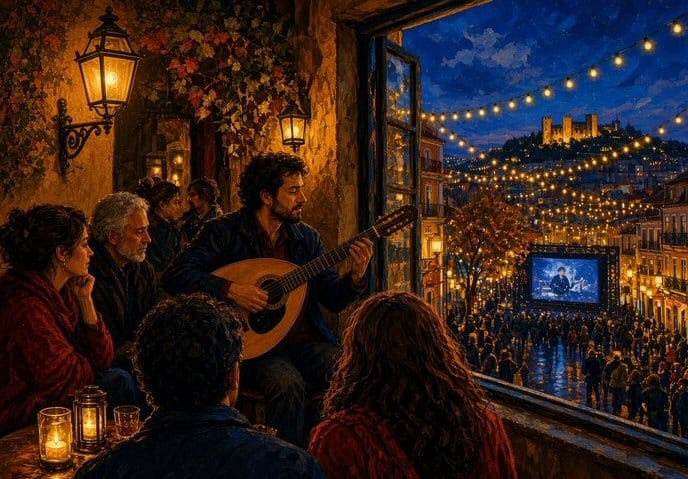Illustration d'un concert de fado et d'un événement en plein air un soir d'automne à Lisbonne